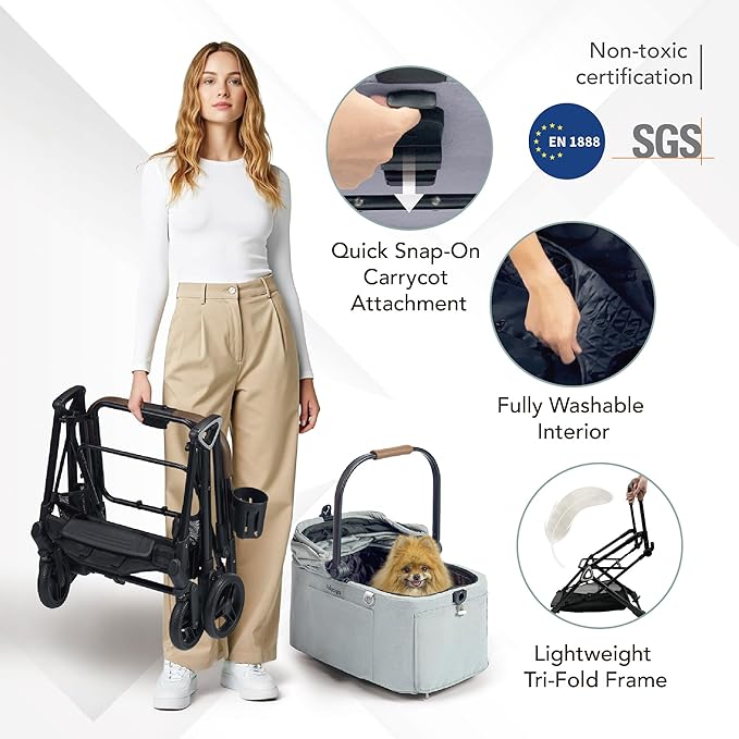 ibiyaya Tinker Pet Stroller for Small Dogs and Cats – 3-in-1 Pet Carrier, Dual-Opening Canopy, No-Flat Wheels, Vegan Leather Handle, Large Storage Basket (Sage Green)