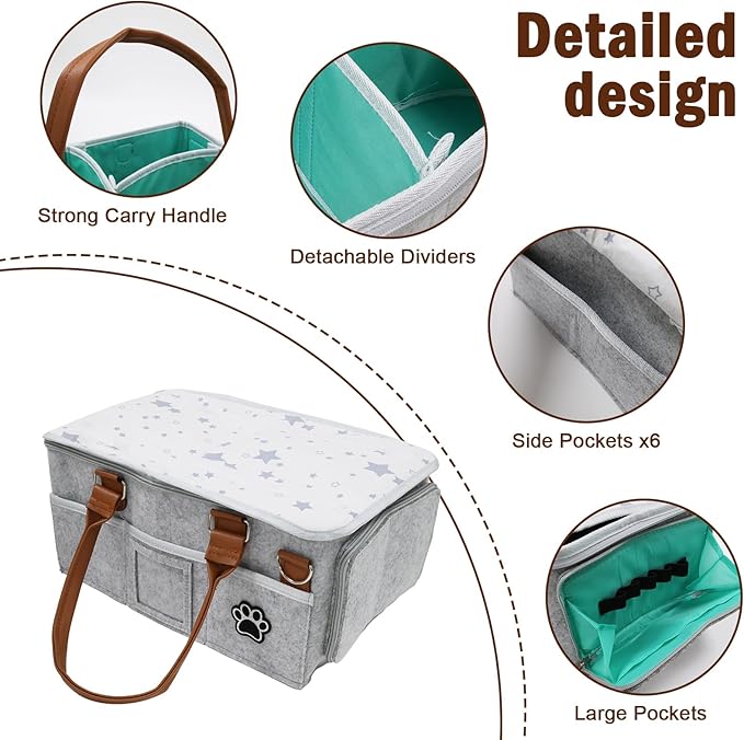 Felt Dog Grooming Bag,Portable Tote Bag for Dog and Cat,Puppy Storage Organizer for Grooming Tool Kit,3 Compartments Pet Stuff Oganizer with 8 Pockets